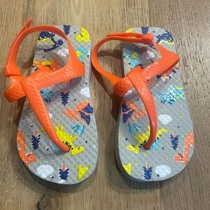 Toddler boy dinosaur flip flip sandals size medium 7-8 orange & grey